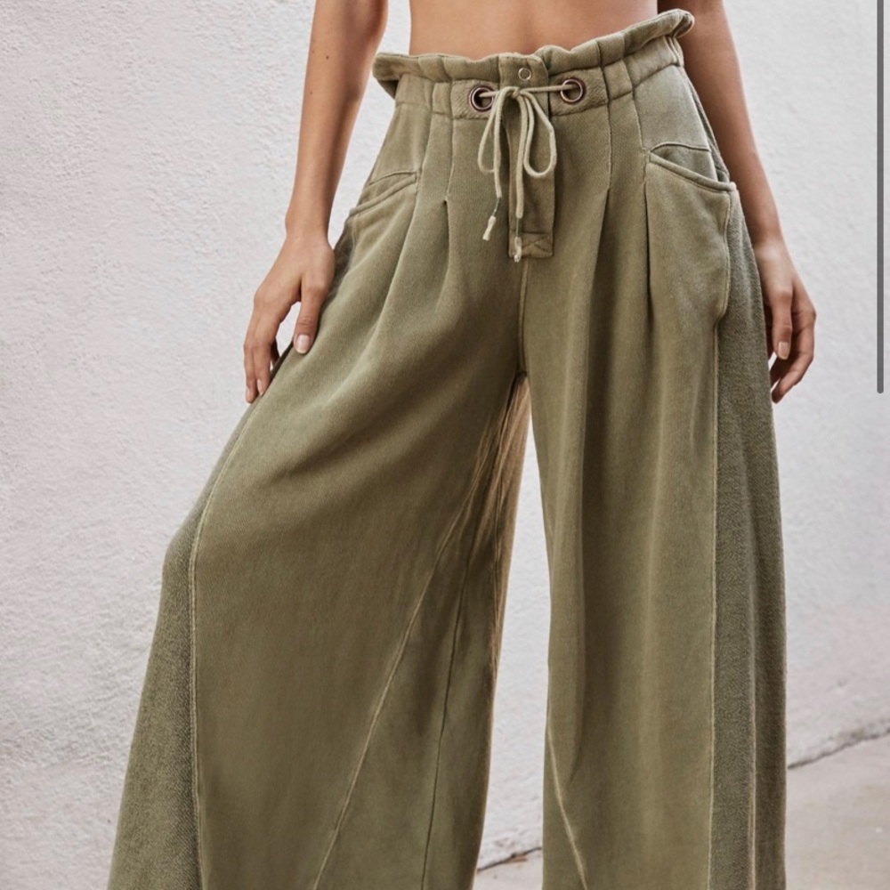 Free People Olive Green Wide-Leg Drawstring Pants